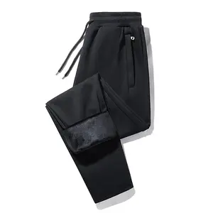 Men's Solid Velvet Zipper Pocket Sweatpants, Regular Fit Casual Comfy Thermal Lined Trousers for Fall & Winter, Men's Bottoms for Daily Wear