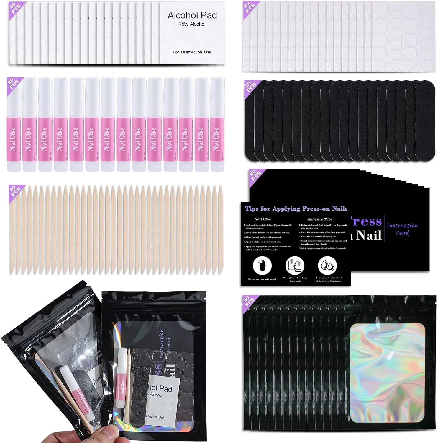 Disposable Nail Supplies Kits(Black-140pcs20set) | Professional Manicure Press On Nail Tool Kit With Nail File,Adhesive Tabs,Nail Glue,Sticks, Prep Pads,Bags,Cards