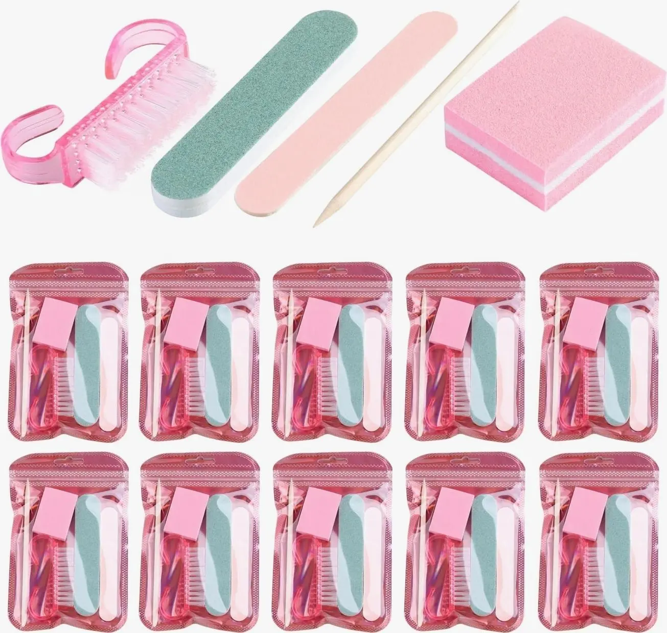 Disposable Manicure Kit Basics 5PCS Nail Kit, Mini Nail Files Buffers Bulk Handle Grip Brush Orange Wood Stick Individually-Packed Pedicure Set for Fingernails Toenails Salon Supplies 5 Packs