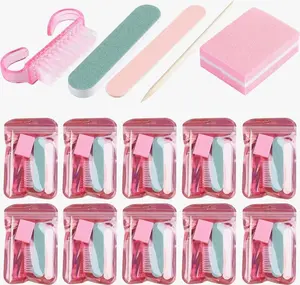 Disposable Manicure Kit Basics 5PCS Nail Kit, Mini Nail Files Buffers Bulk Handle Grip Brush Orange Wood Stick Individually-Packed Pedicure Set for Fingernails Toenails Salon Supplies 5 Packs