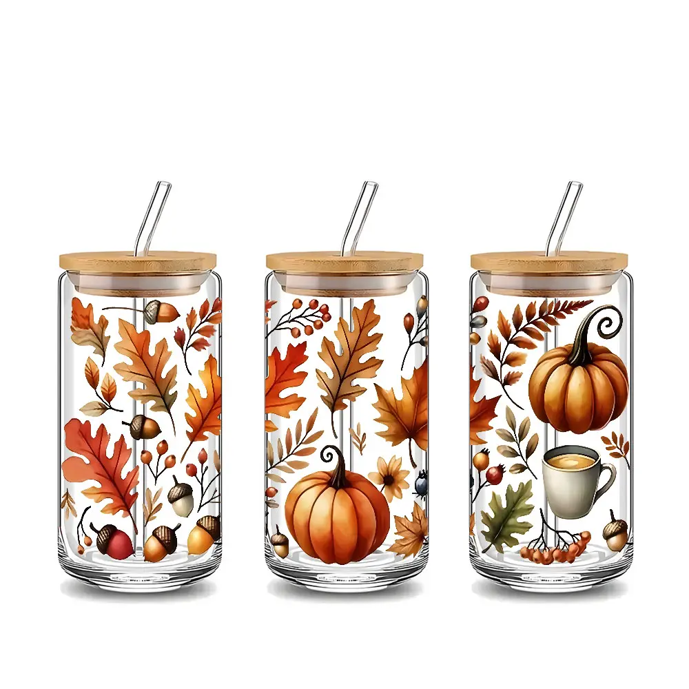 Cute Autumn Pumpkin Design 16oz Glass Water Cup with Lid and Straw, Bamboo Lid Reusable Gass Drinking Cup, High-Quality Glass Jar Design, Suitable for Iced Coffee, Beer, Juice, Milk, Cold Drink Glass Cups, Fashionable Glassware