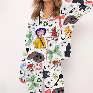 Coquette Coraline Satin Pajama Set For Women Print Comfy Satin Sleepwear & Loungewear Pjs Printing Silky Top & Bottoms