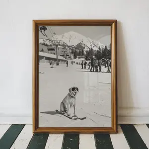 Funny Golden Retriever Ski Wall Art, Vintage Black and White Dog Poster, Après Ski Lodge Magazine Style Print