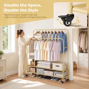 SUOERNUO Heavy Duty Garment Rack, Portable Clothes Hanging Rack with Bottom Metal Shelf, Freestanding Clothing Drying Organizer for Coats, Shirts, Laundry Room