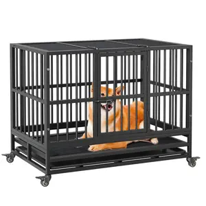 GARVEE 37 inch Heavy Duty Indestructible Dog Crate Steel Escape Proof,Indoor Dog House High Anxiety Cage,Kennel With Wheels,Removable Tray