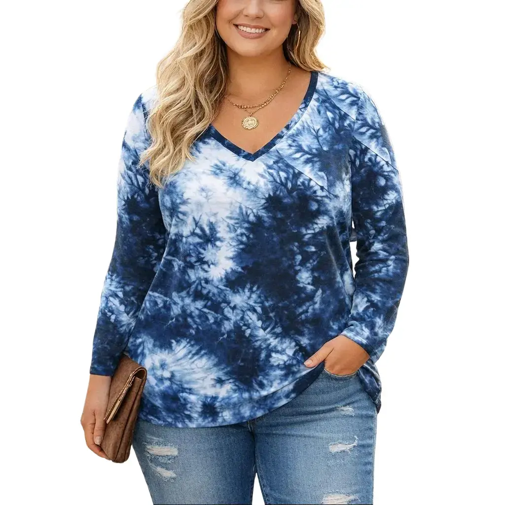 Women's Plus Size Paisley Tunic, Chic V-Neck Long Sleeve Blouse, Soft Stretchy Casual Shirt for Leggings and Thanksgiving, Shirts, Fabric, Tie Dye, Easter, Valentines Day, Full Sleeves, Daily Wear That Feels Chic