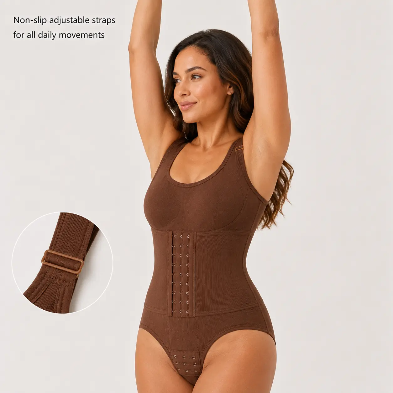 Women's Basic Spandex-Nylon Compression Shapewear Bodysuit - Adjustable Wide Strap, U-Neck, Ribbed, Front Hook, Tummy Control, Butt Lifter, Built-in Bust Pads, Open Crotch, Soft Stretch (3 Colors, S-3XL)