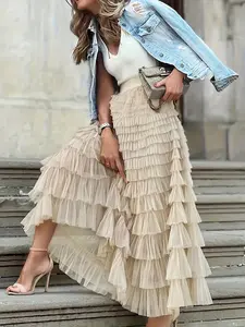 Women's Plain Knit Ruffle Hem Tiered Layer Skirt, Elegant Aesthetic High Waist Long Skirt for Vacation Holiday Party, Ladies Bottoms for All Seasons, Long Skirt Women
