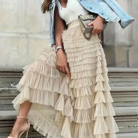 【Black Friday】Women's Solid Color Tiered Ruffle Maxi Skirt, High-Waisted Flowy Skirt for Vacations and Parties