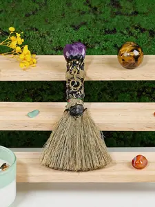1PC Nat1PC Natural Crystal Witch Broom Handcrafted Decor, Gemstone Love Broom Spiritual Altar Ornament for Witchy Home Decor