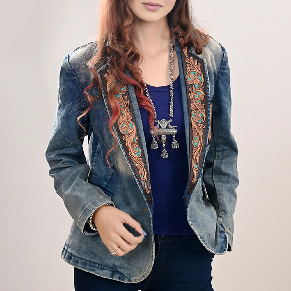 American Darling Genuine leather Hand tooled carved Women 100% cotton Denim Blazer dress jacket ladies |Vintage