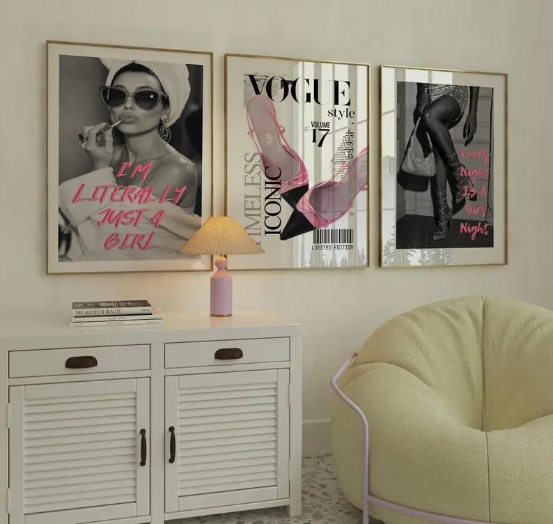 Coquette & Preppy Wall Art Set of 3, Girly Y2k Fashion Poster, Trendy College Apartment Bedroom Decor for Clean Girl, Fashion Magazine Style
