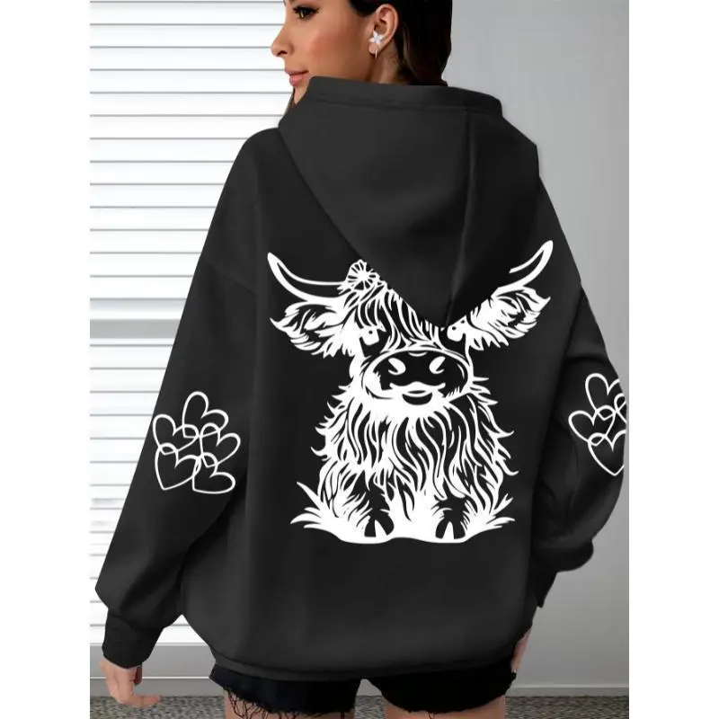 Women's Highland Cow Print Pullover Hoodie - Casual Oversized Clothes, Soft Polyester, All Seasons Lazy Outfit, Hooded Neck, Loose-Fitting, Machine Washable, Paw Heart Sleeve Design, 2XL, 3XL, Do Not Dry Clean, Lady