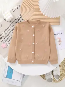 Baby Girl Knit Round Neck Floral Embroidery Cardigan, Soft and Cozy Baby Clothing, Perfect for Daily Wear, Adorable Design for Little Girls