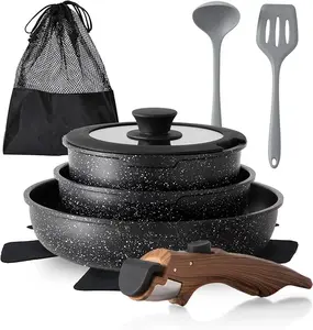 10 Pcs Pots and Pans Set Non Stick, Nonstick Kitchen Cookware Sets Detachable Handle, Induction Pots and Pans Set with Removable Handle, RV Cookware Set for Camping, Oven Safe, PFOS, PFOA Free, Black