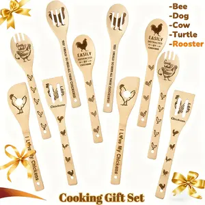For Farmhouse Kitchen, Housewarming & Holiday Gifting, Rustic Style Cooking Utensils Solution, 10 Pcs Bamboo Wooden Spatula Kitchen Utensils Set, Carved Rooster Pattern Durable Wooden Spoons, Effortlessly Create Retro Farmhouse Kitchen