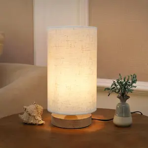 Minimalist Small Bedside Night Table Lamp with Round Fabric Linen Shade, Reading Desk Lamp for Bedroom, Kids Room, Living Room, College Dorm, Home Office