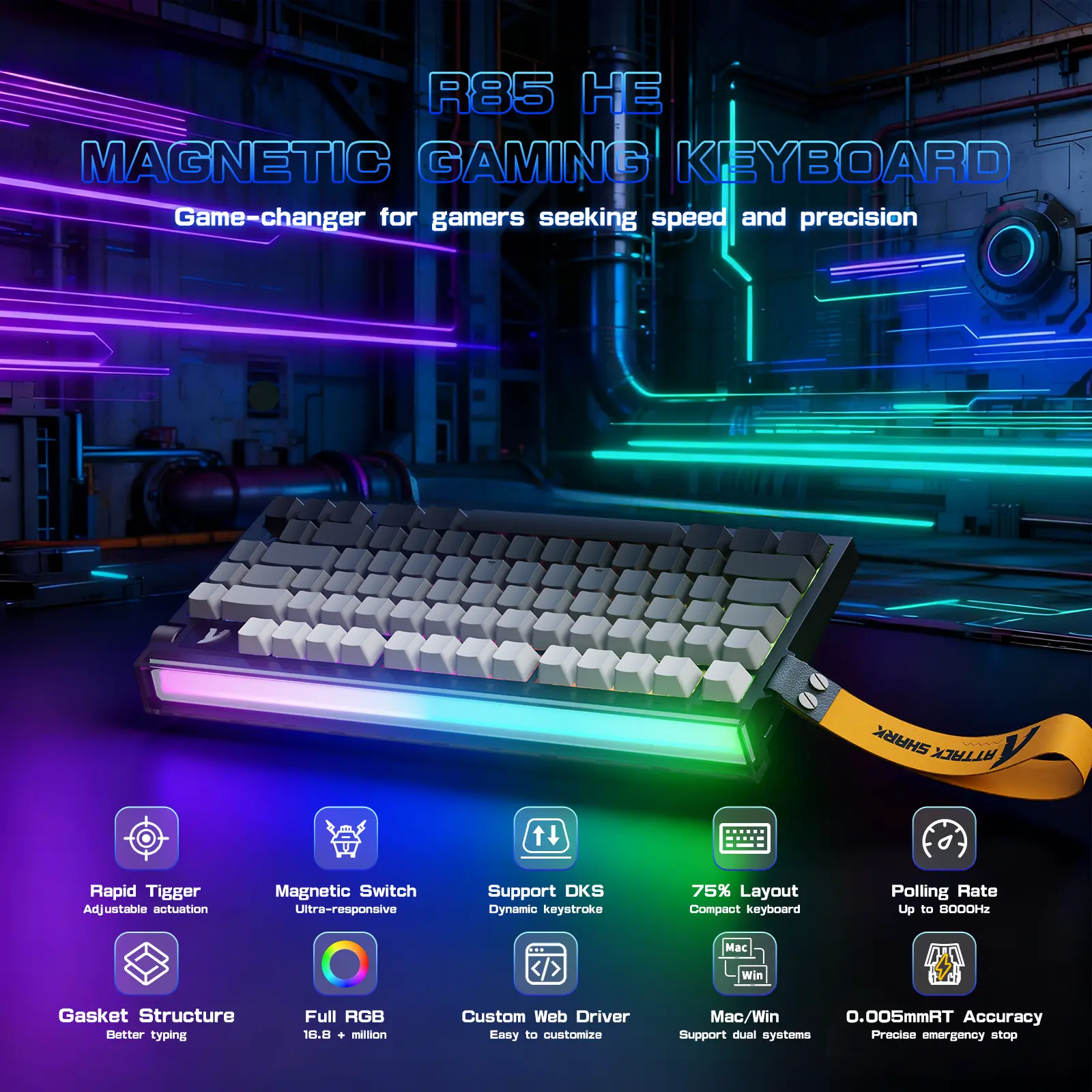 ATTACK SHARK R85 HE Rapid Trigger Keyboard Magnetic Switch with Custom Lightbox 75% Wired 8KHz Magnetic Keyboard With Custom Lightbox, 0.005mm RT Accuracy, Support RT/Snap Tap/DKS/MT/TGL