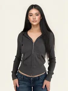 Women's Solid Color Hooded Zipper Pocket Knit Sweatshirt Jacket, Spring & Fall Street Simple Fashion Style, Daily Commute Casual Sportwear, Casual Sports Hoodie