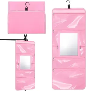Hanging Toiletry Bag with Mirror for Men Women Travel Kit Large Foldable Beauty Dance Makeup Bag Organizer Storage Waterproof Roll up Cosmetic Case Accessories for Bathroom Shower(Pink) SilTriangle