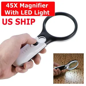 45X Handheld Magnifying Glass with 3 LED Lights – Ergonomic Reading & Jewelry Loupe, White & Black Handle, Portable Design for Elderly, Hobbyists, and Detailed Work