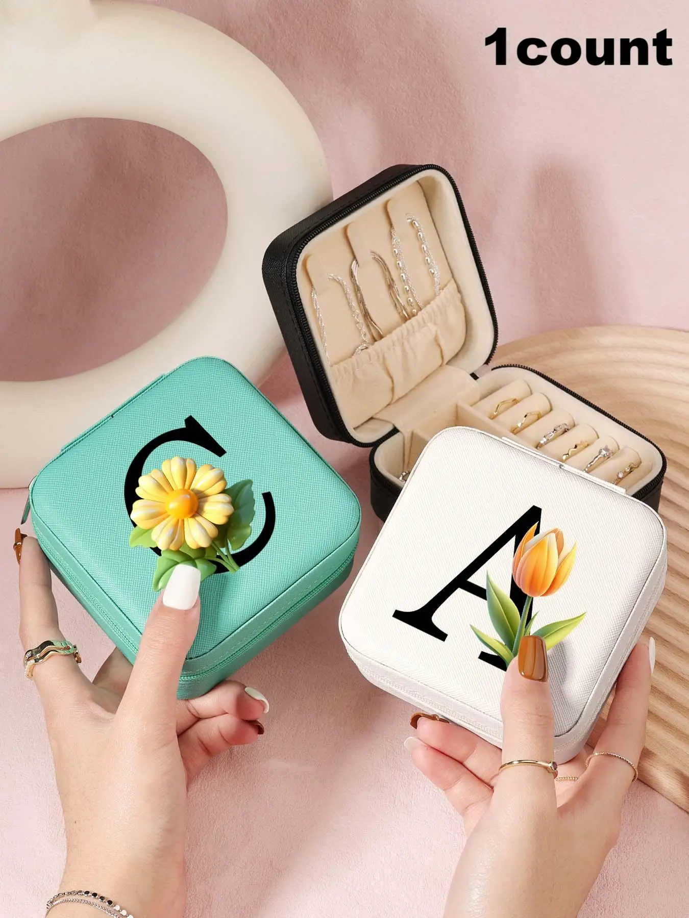 Initials Letter Pattern Jewelry Storage Box, Portable Jewelry Organizer, Zipper Jewelry Case, Jewelry Storage Box for Rings, Necklaces, and Earrings