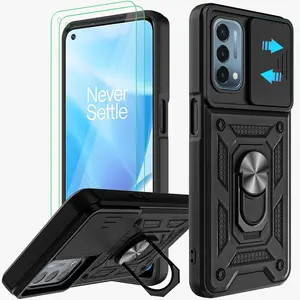 for OnePlus Nord N200 5G Case with Slide Camera Cover and 2pcs HD Screen Protector, 360° Rotation Ring Kickstand [Military Grade] Case for OnePlus Nord N200 5G (Black)