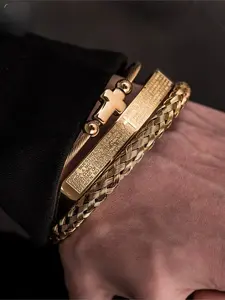 [Cross Bangle] 3pcs/set Cross Bangle, Stainless Steel Braided Elastic Hemp Rope Open Bangle, Titanium Steel Simple Bangle For Couple