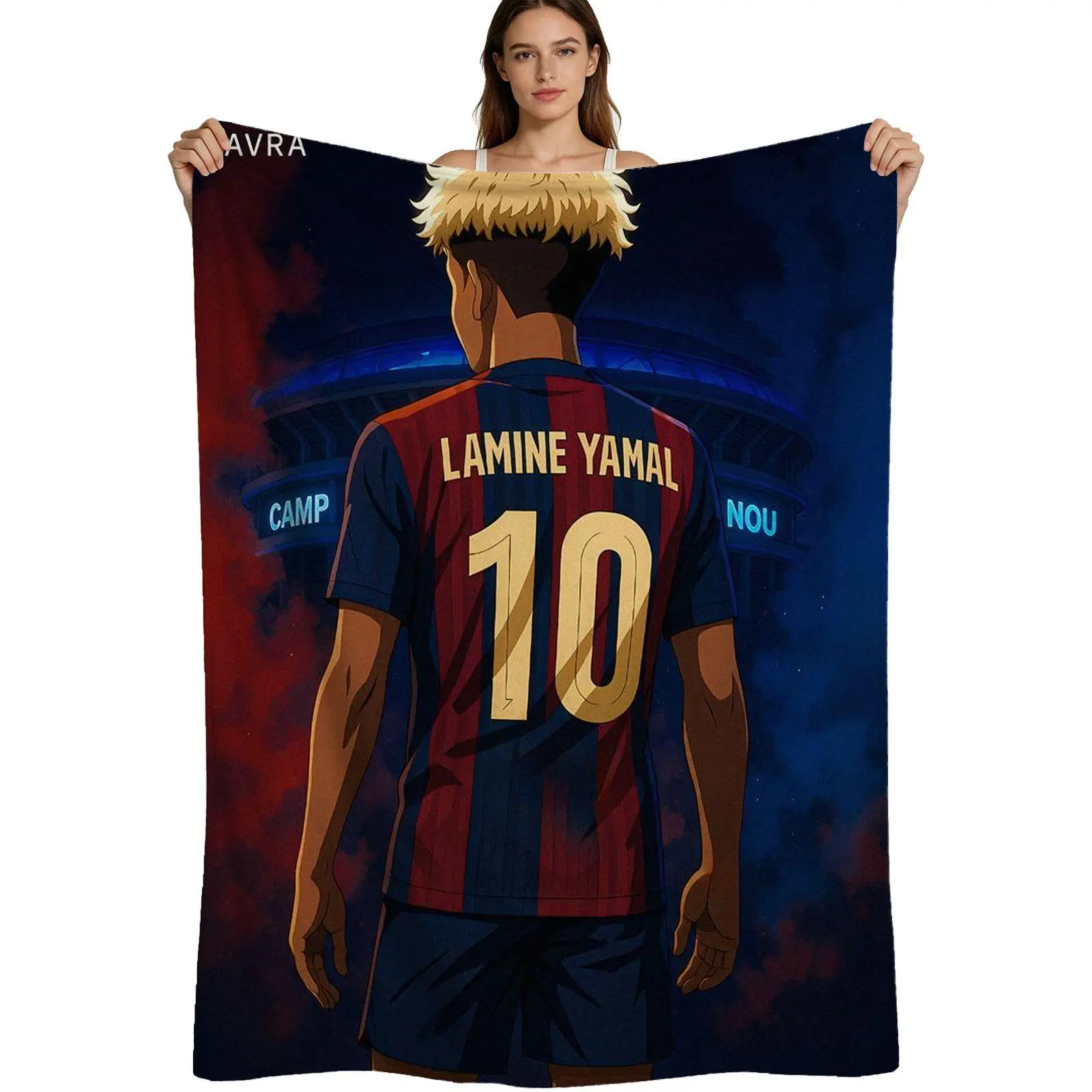 Anime Style, Warm Flannel Blanket, Lamine Yamal 10 Jersey Camp Nou Stadium Art, Soft Printed Fabric Detail, For Football Fans And Bedroom Decor, 4 Sizes Available Single Pack