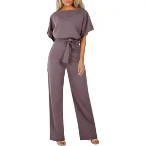 Women’s Jumpsuits – Elegant, Loose Fit, Short Sleeves, Belted, Wide-Leg Pants, Crew Neck, Wedding Overalls, Formal Outfits