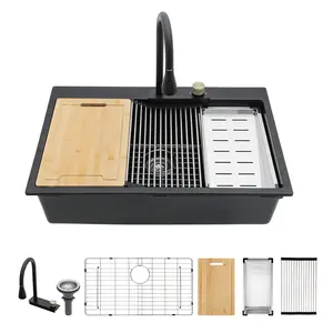 33x22 Quartz Waterfall Kitchen Sink Brick Black Single Bowl Drop In Kitchen Sink Quartz Classic Sink with Waterfall Faucet Multifunctional Faucet New