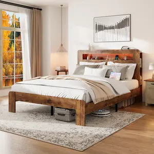 【Timbercrest Metal】Fansace Metal & Wooden Bed Frame with Headboard & Storage Bookshelf, Farmhouse Platform Led Bedframe with Wood Slat Support, Sturdy & Easy Assembly
