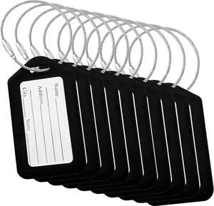 Bluecosto - Luggage Tags - Black, 10 Pack - Suitcase Tags with Name ID Card & Heavy-Duty Metal Wire Loops - Bright Colored PVC Identifiers for Travel Baggage - Backpack Name Labels BlueCosto