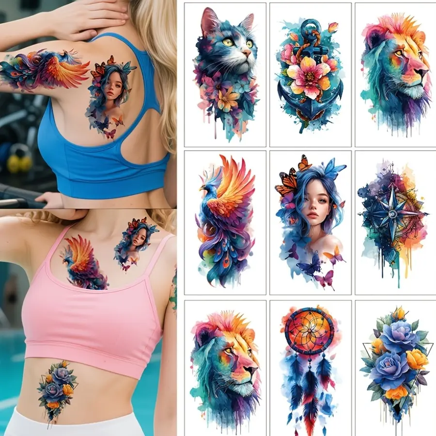 10-Sheet Set Watercolor Rose Bird Flower Temporary Tattoo Art, Normal Oblong Half-Arm Size Tattoos for Adults, All Seasons Beauty & Personal Care Makeup Use