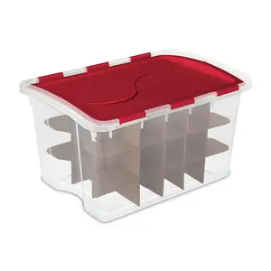 Sterilite 48 Quart Plastic Hinged Member Christmas Ornament Storage Container, Red
