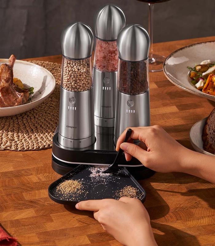 [Large Capacity and Stainless-Steel ]  Electric Salt and Pepper Grinder Set of 3 with Wireless Charging,Stainless-Steel ,3.2oz Larger Rechargeable Automatic, One Hand Button Use, Adjustable Coarseness, Easy Clean, parents Gift