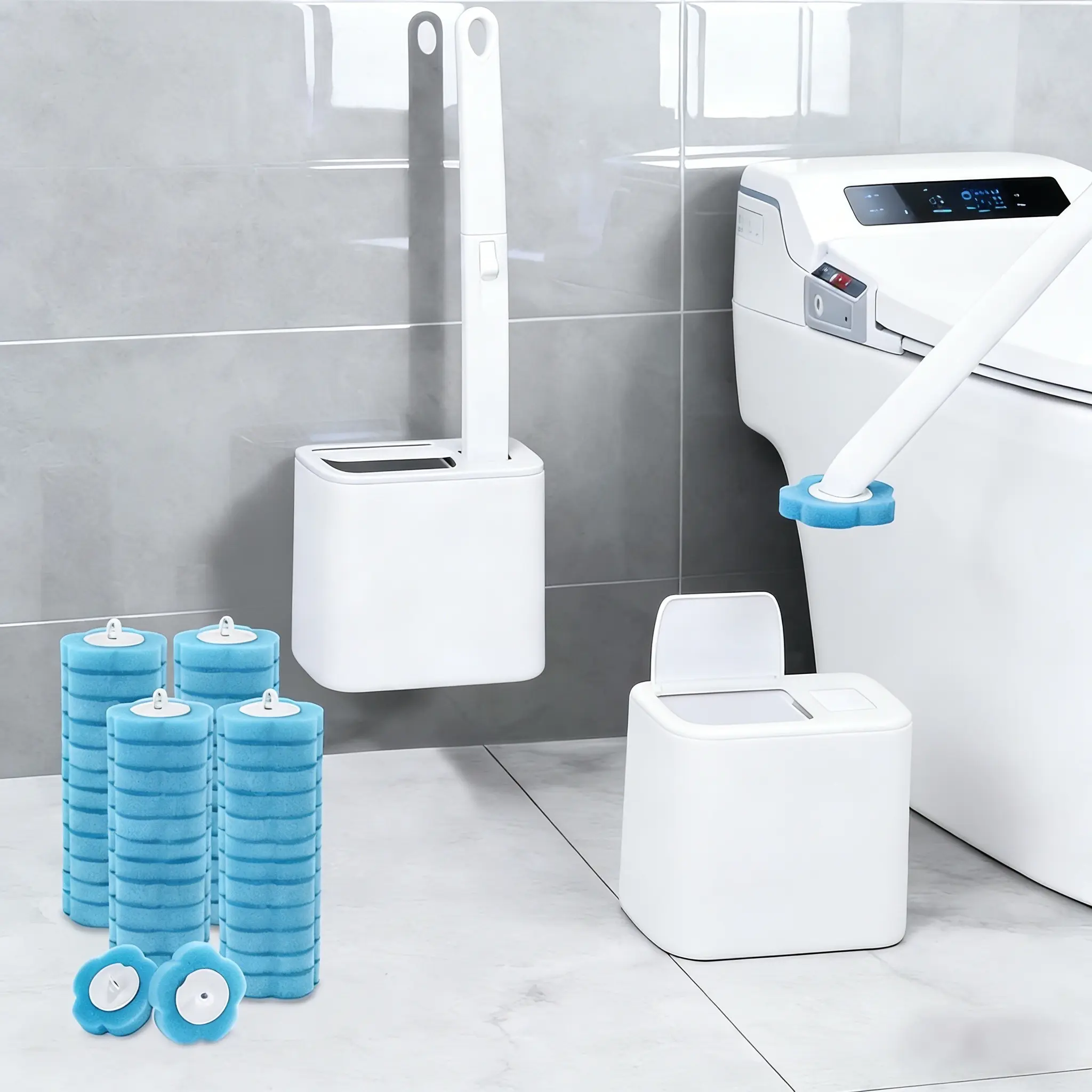 Plastic Disposable Toilet Cleaner Brush Set - 24 Pre-loaded Cleaning Heads, 15.7-in Extended Reach Wand, Wall-Mounted Caddy for Bathroom Home Supplies