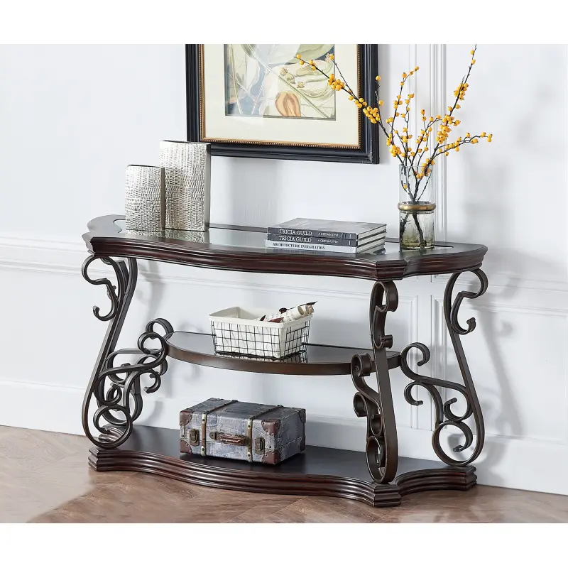 Elegant Retro Console Table, 3-Tier Traditional Rectangle Sofa Table with Tempered Glass Top, Mid-Marble Shelf, Vintage Accent Entryway Table for Living Room Hallway, Easy Assembly