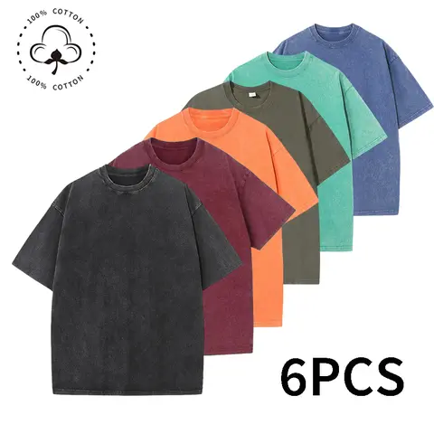 Men's & Women's 6-Pack Oversized Short-Sleeve Plain T-Shirts - Streetwear Stylish Vintage Heavyweight Cotton Gym Workout Acid Wash Baggy Tees, Shortsleeve