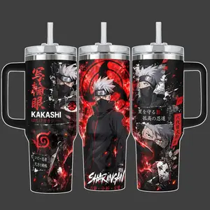 Kakashi Sharingan Anime Tumbler Cup, Red Black Copy Ninja Full Wrap Stainless Steel Insulated NRT Tumbler 20oz/40oz With Straw Lid Included, 40oz Handle Option