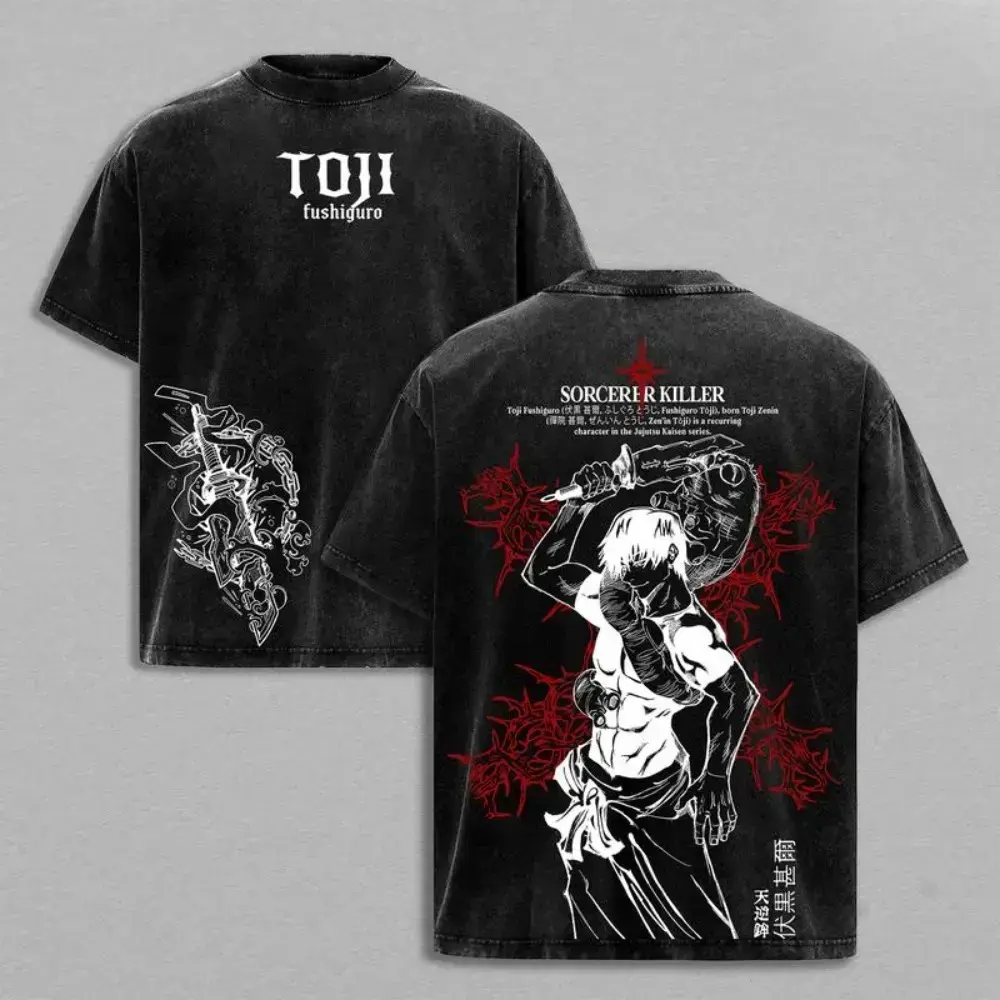 Men's 230gsm Oversized Heavy Cotton Rib T-Shirt - Jujutsu Kaisen Toji Fushiguro Graphic, Shibuya Incident Culling Game Prelude Sorcerer Killer, Vintage Unisex Streetwear, Classic Round Neck Short-Sleeve Double-Printed Top (S-5XL)