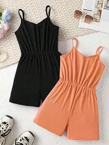 Girls' 2-Piece Plain Halter Jumpsuit, Casual High-Elasticity, Perfect for Summer, Vacation, and Home Wear