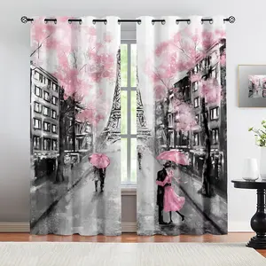 2 Panels Set Pink Paris Eiffel Tower Blackout Curtains for Bedroom Living Room,Optional 63 Inches & 84 Inches, French Style Darkening Grommet Curtain Long Window Drapes Treatment Home Decoration Curtain