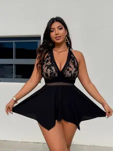 Plus Size Lace Swimsuit Dress Women Halter Neck Deep V One Piece Swimwear Removable Pads High Waist Beachwear Sexy Black