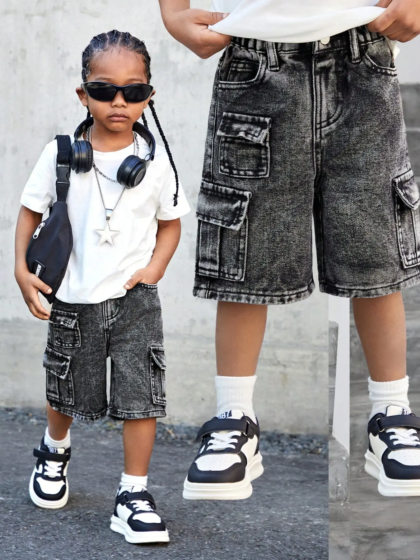 Boys' Summer Street Style Vintage Denim Cargo Bottom Shorts, Retro Washed Cargo Pockets, Perfect Fit Jeans for Boys, Trendy Casual Wear, Loose Solid Shorts, Shorts with Pockets