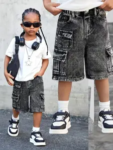 Boys' Summer Street Style Vintage Denim Shorts, Retro Washed Cargo Pockets, Perfect Fit Jeans for Boys, Trendy Casual Wear, Casual Loose Shorts
