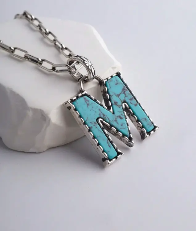 Western Turquoise Letter Necklace for Women & Couples | Vintage Cowboy Initial Pendant Necklace | Unisex Country Style Fashion Jewelry for Everyday Wear