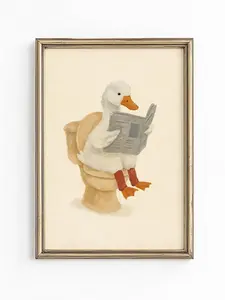 Duck Bathroom Print |   Funny Quirky Dorm Room Wall Art |   Whimsical Duck Reading on Toilet |   Farmhouse Bathroom Decor