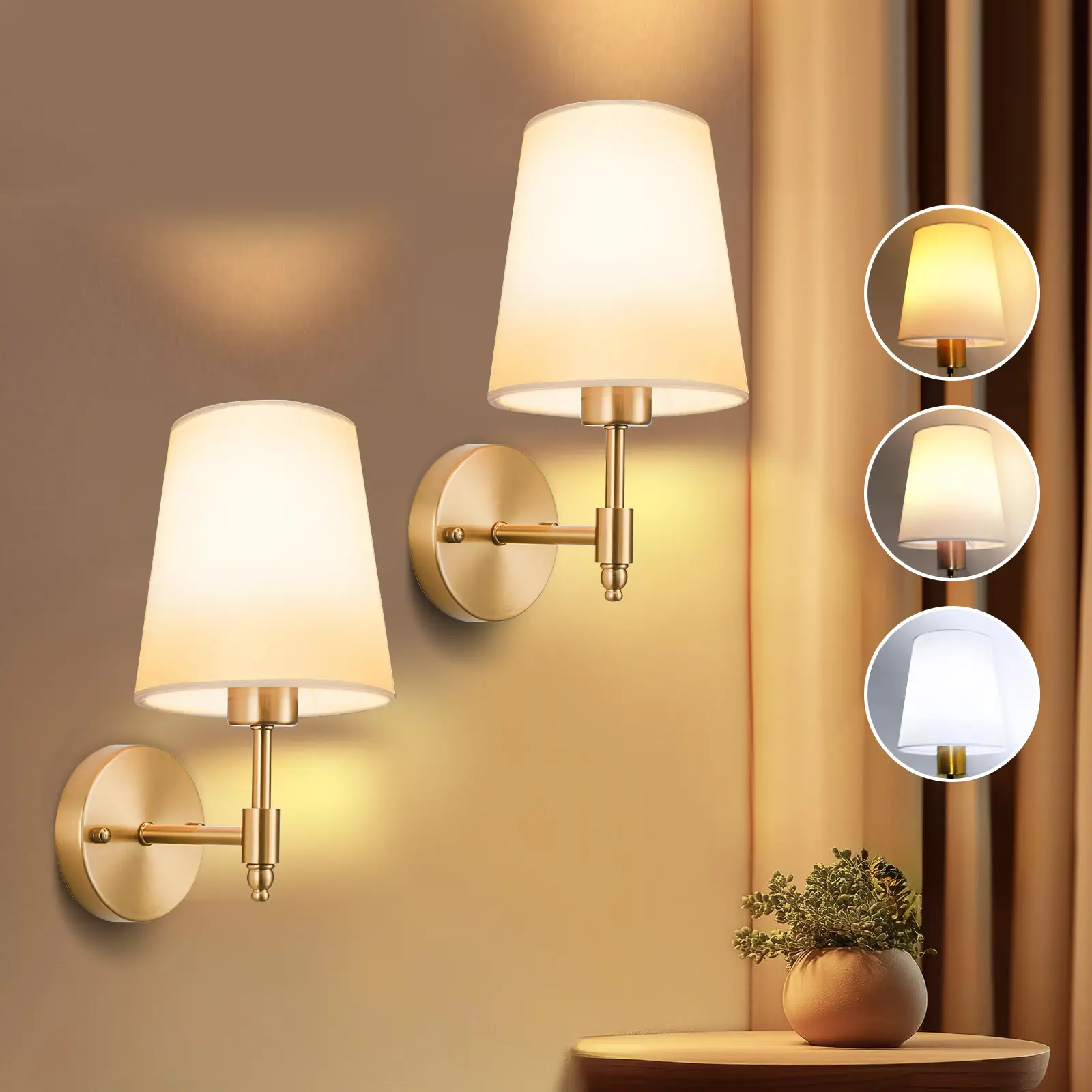 Vintage Fabric Wall Sconces, Triple Color Temperature Wall Light with Bulb for Bedroom Wall Lamp Living Room, E26/E27 Hardwired Vanity Lighting for Hallway Night Light