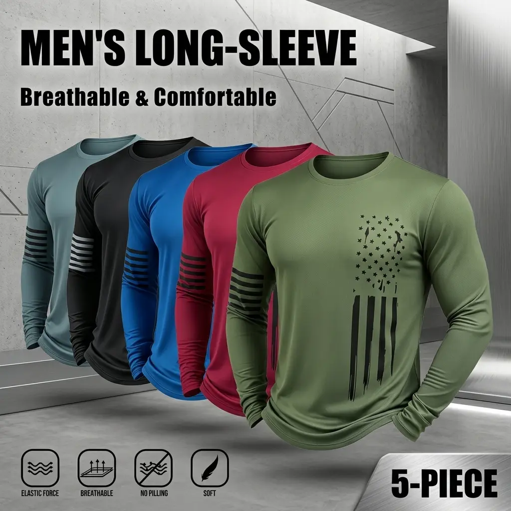 5 Piece Mens Patriotic Sports Tee - Breathable Elastic Long Sleeve Pullover, Flag Print Athletic Clothing for Gym Training & Bicycle Riding
